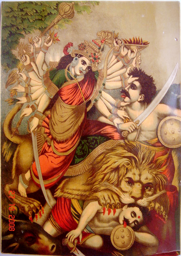 महिषासुर-मर्दिनी दुर्गा — विंटेज देव-प्रिंट (सार्वजनिक-क्षेत्र)