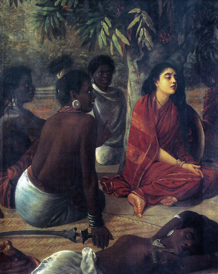 अशोक वाटिका में सीता — राजा रवि वर्मा की चित्रकृति: रक्तवर्ण वस्त्रों में धैर्य-मूर्ति सीता, चारों ओर राक्षसी प्रहरी
